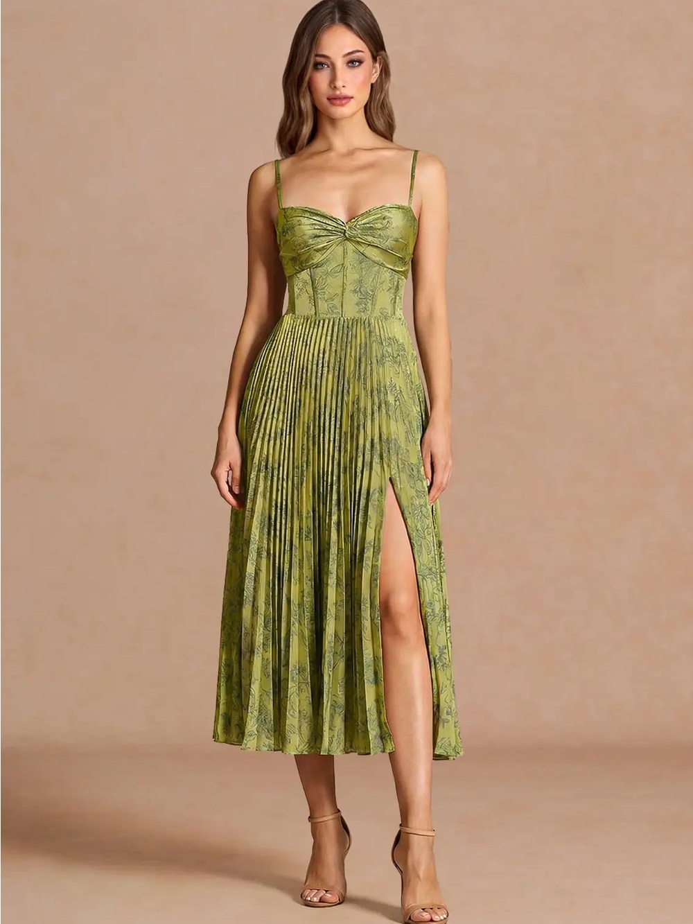 Vesper Green Floral Pleated Midi Dress with Spaghetti Straps